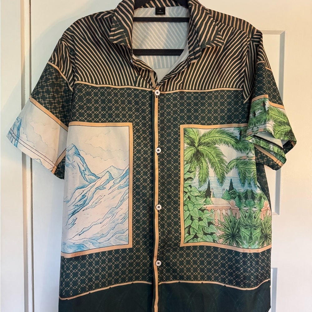 Luxury Resort Print Shirt Men’s Medium Camp Collar Vacation Mediterranean
